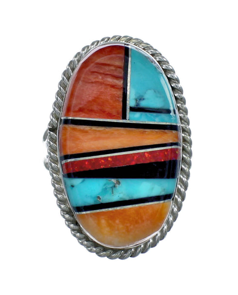 Native American Sterling Silver Multicolor Inlay Ring Size 7-3/4 NN20598